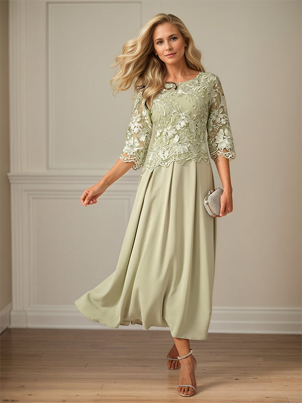 Crew Neck A Line Ruffle Ruched Lace Maxi Dress Mother Of The Bride Dress