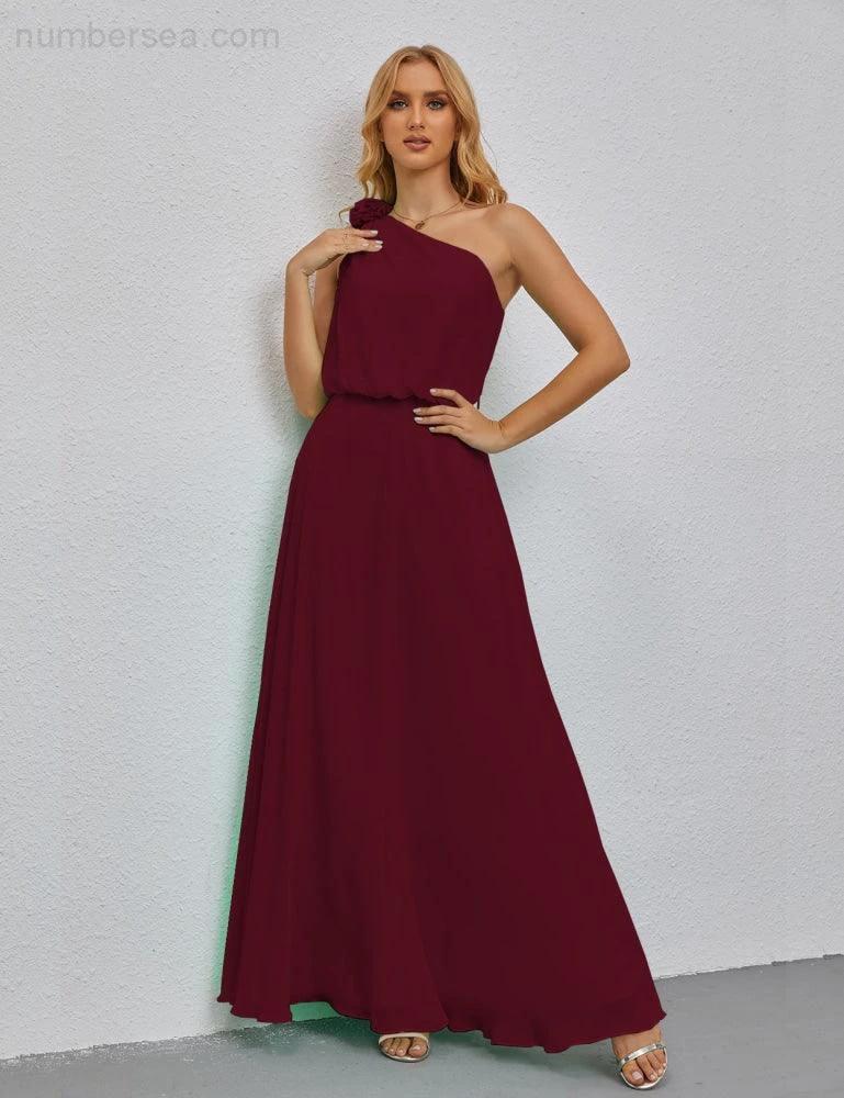 Ruffled One Shoulder Sleeveless Long Bridesmaid Dresses A-line Formal Evening Gown Side Split 28080 (ZD17018)