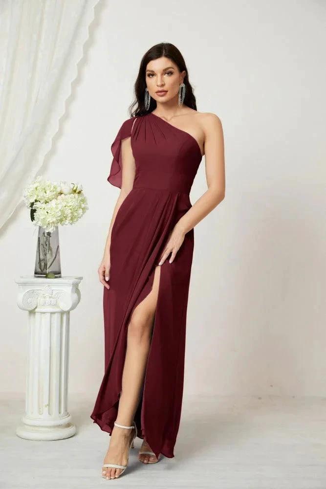 Numbersea Chiffon Ruffled One Shoulder Long Bridesmaid Dresses A-line Formal Evening Gown Side Split 2809 by numbersea