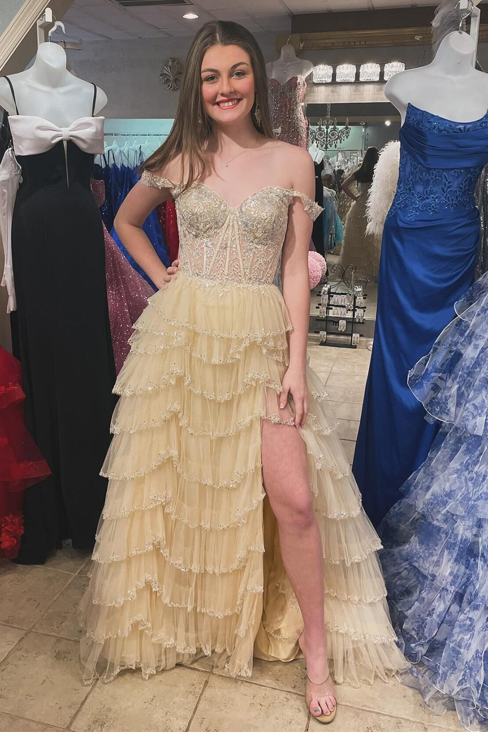 Elegant A Line Off the Shoulder Corset Light Champagne Corset Prom Dress with Lace Ruffles - FashionDia