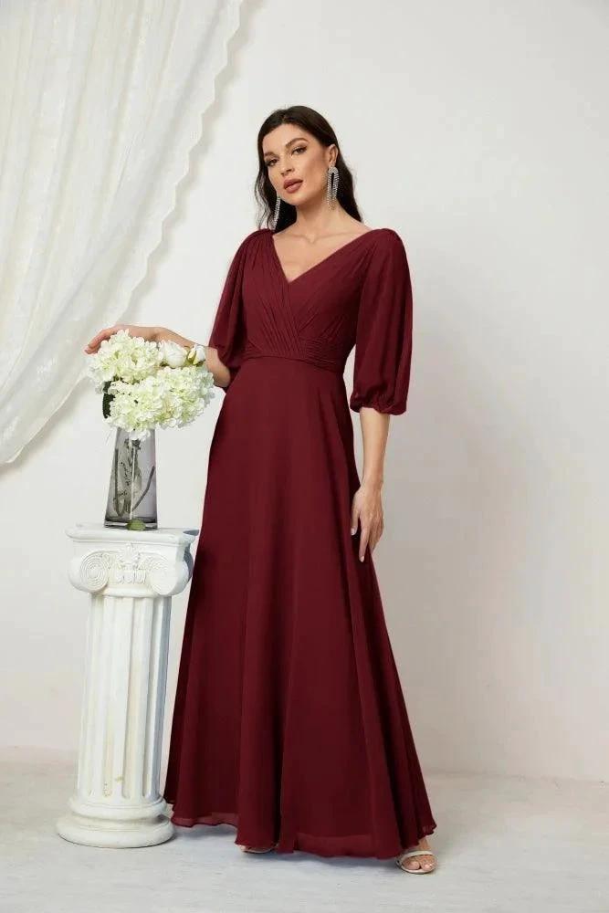 Numbersea Formal Prom Gown Women V-Neck Chiffon Bridesmaid Dresses Long Bishop Sleeve Party Dress 2807 by numbersea