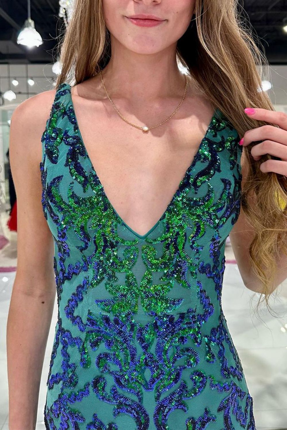 Sparkly Mermaid V-Neck Green Sequins Long Prom Dress - View 2 | FashionDia