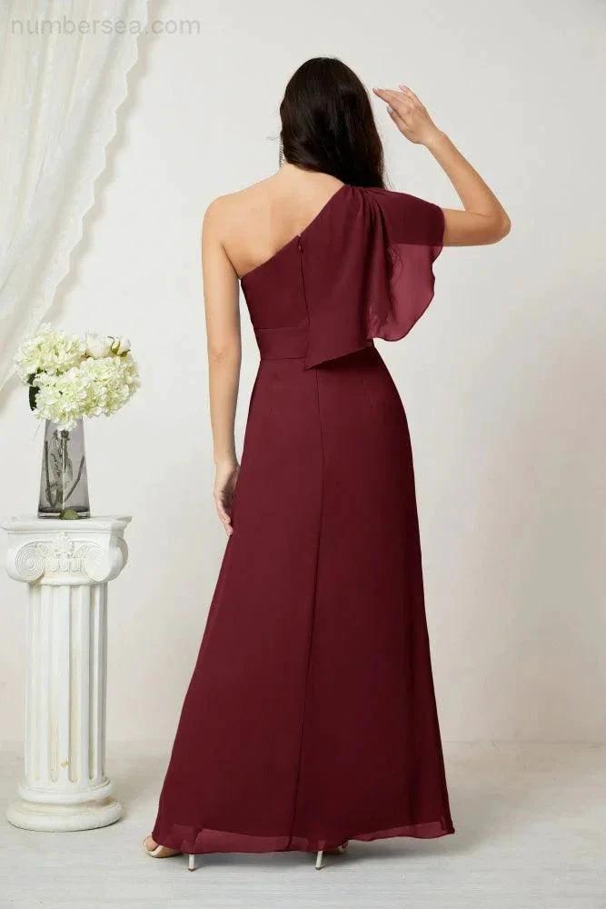 ZapDress Chiffon Ruffled One Shoulder Long Bridesmaid Dresses A-line Formal Evening Gown Side Split 2809 (ZD17049)