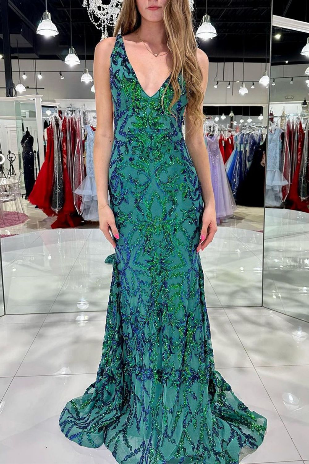 Sparkly Mermaid V-Neck Green Sequins Long Prom Dress - View 3 | FashionDia