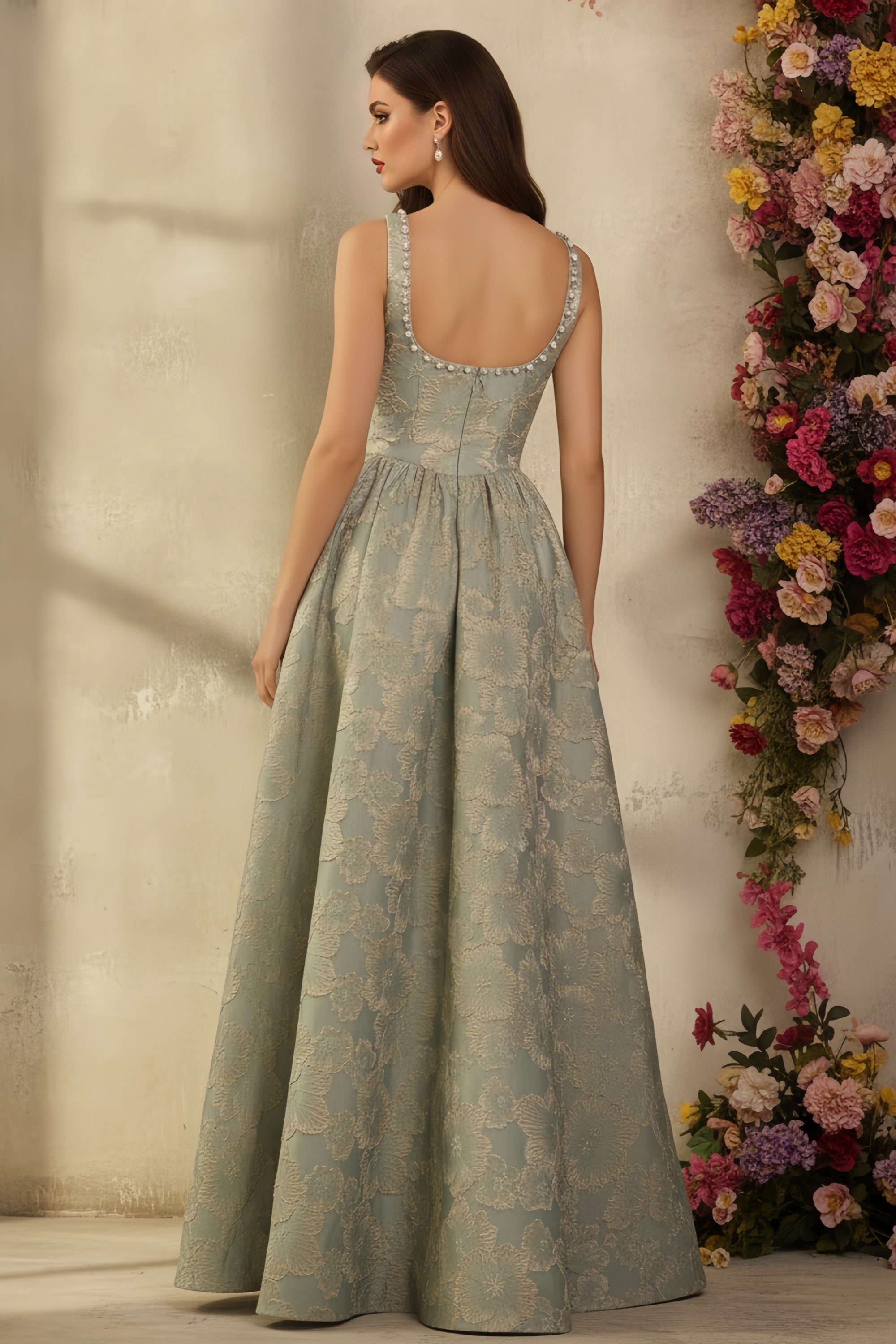 Elegant Floral Jacquard Corset Gown with Beaded Straps and Slit