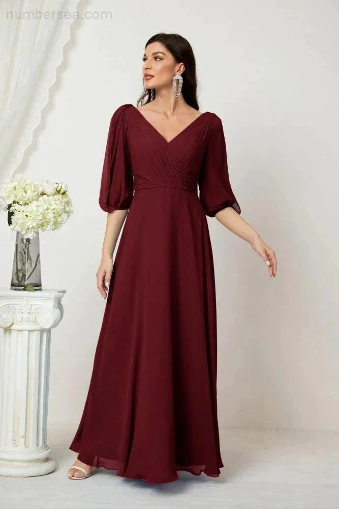 ZapDress Formal Prom Gown Women V-Neck Chiffon Bridesmaid Dresses Long Bishop Sleeve Party Dress 2807 (ZD17027)