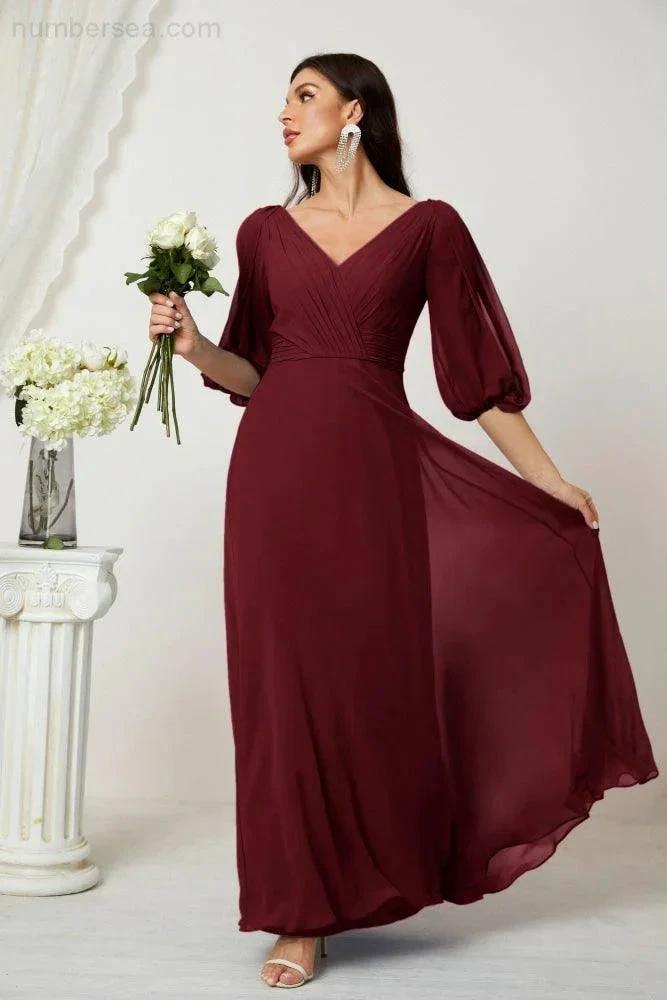 ZapDress Formal Prom Gown Women V-Neck Chiffon Bridesmaid Dresses Long Bishop Sleeve Party Dress 2807 (ZD17027)