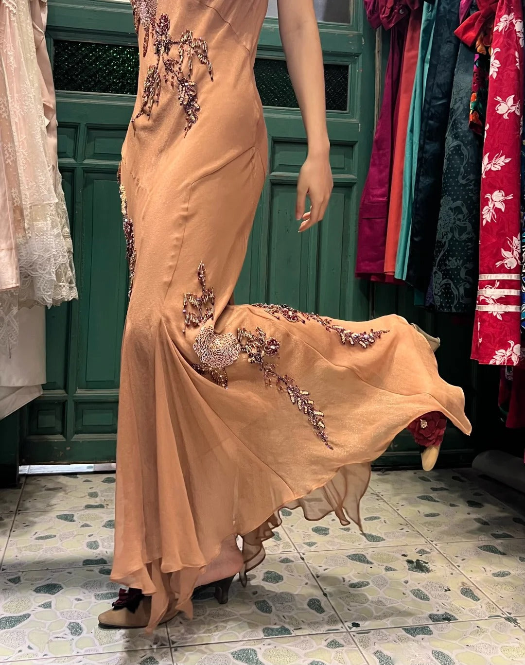 Elegant Brown And Gold Mermaid Halter-Neck Embroidered Beaded Chiffon Long Prom & Evening Dress - View 2 | FashionDia