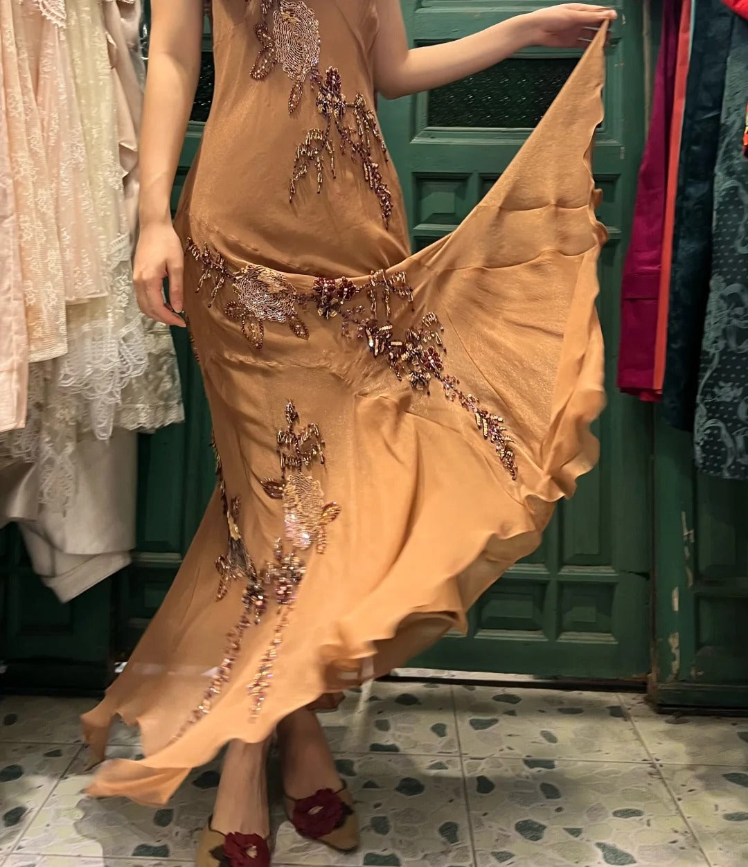 Elegant Brown And Gold Mermaid Halter-Neck Embroidered Beaded Chiffon Long Prom & Evening Dress - View 4 | FashionDia