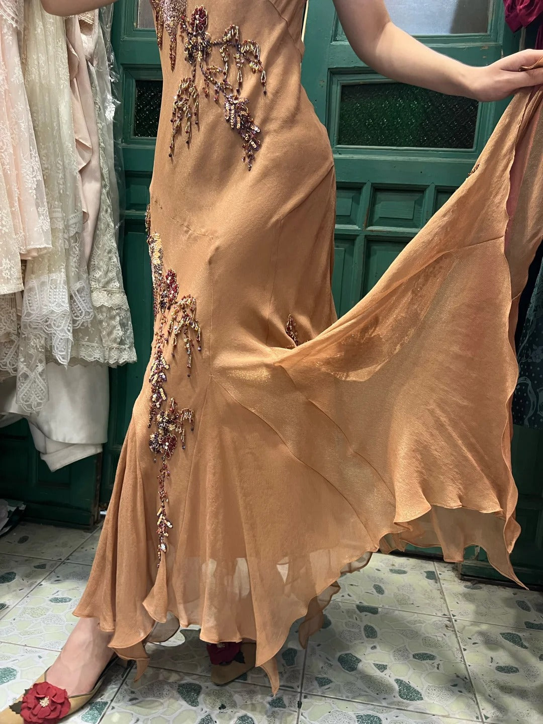 Elegant Brown And Gold Mermaid Halter-Neck Embroidered Beaded Chiffon Long Prom & Evening Dress - View 5 | FashionDia