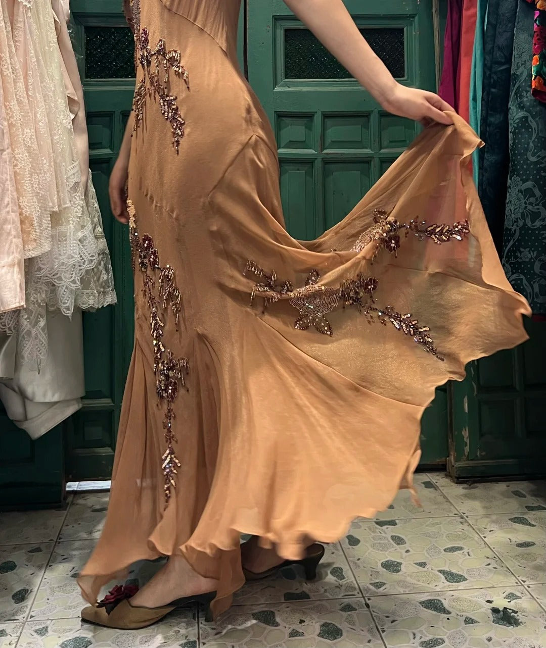Elegant Brown And Gold Mermaid Halter-Neck Embroidered Beaded Chiffon Long Prom & Evening Dress - View 6 | FashionDia