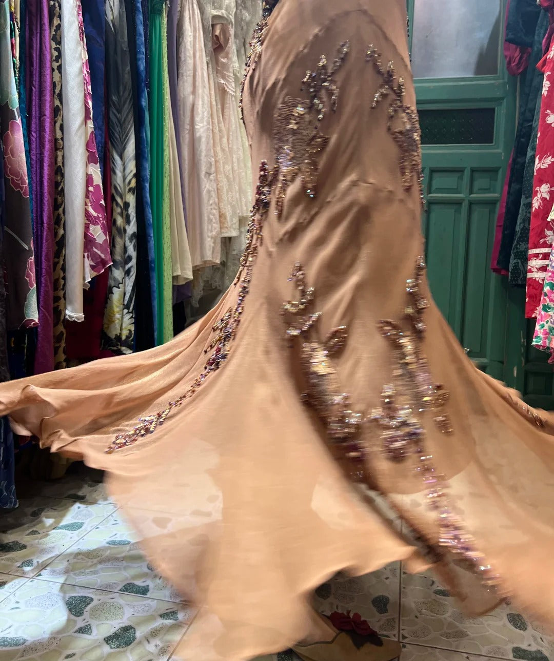 Elegant Brown And Gold Mermaid Halter-Neck Embroidered Beaded Chiffon Long Prom & Evening Dress - View 7 | FashionDia
