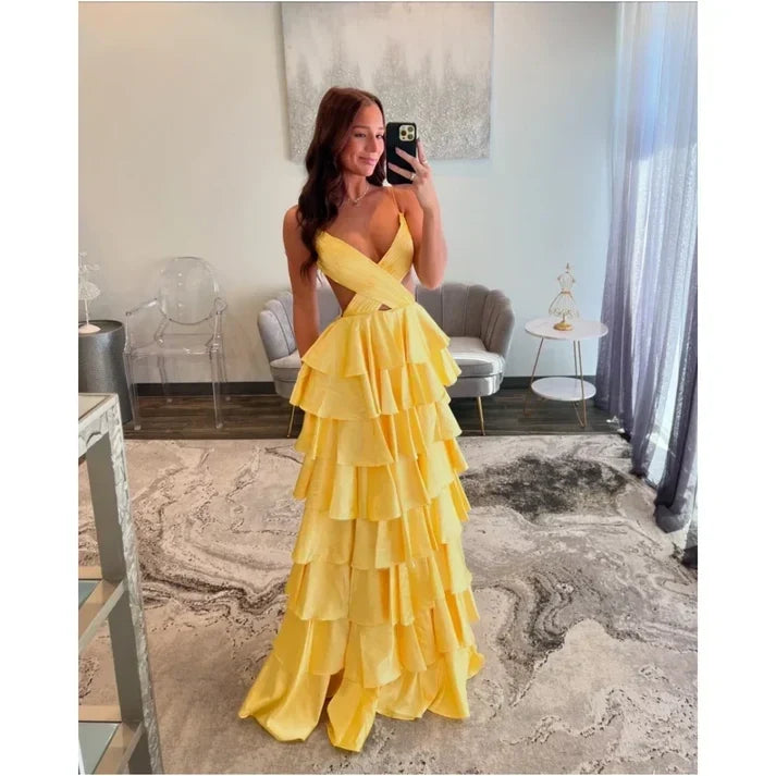 Customized Golden Emulation Silk Strapless Prom Dresses Backless vestidos de noche Floor-Length Sleeveless Formal Evening - VelvetHem