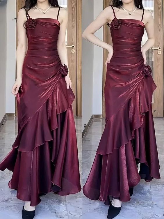 Spaghetti Straps Women Dress Custom Sexy Wine Red Tiered 3D Flower Evening Dress - View 2 | FashionDia