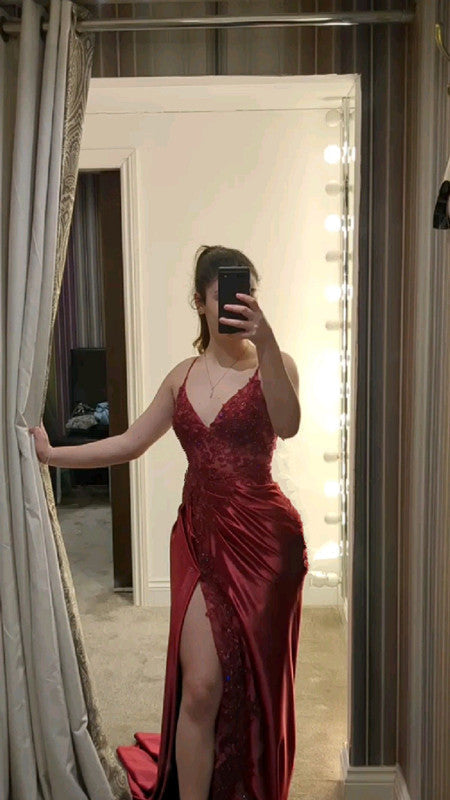 dark red prom dress with slit Evening Dresses - FashionDia