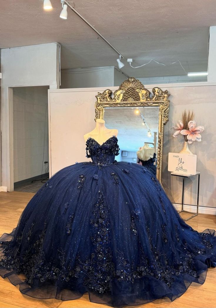 Mexico Navy Quinceanera Dress Ball Gown Floral Appliques Beaded Crystal Corset Sweet 16 Vestido De 15 Anos fg6839