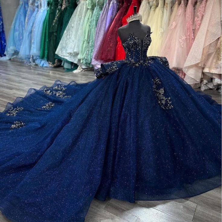 Navy Blue Sparkly Princess Quinceanera Dresses Applique Peplum Corset de 15 quincea?eras Sweet 16 Ball Gown - FashionDia