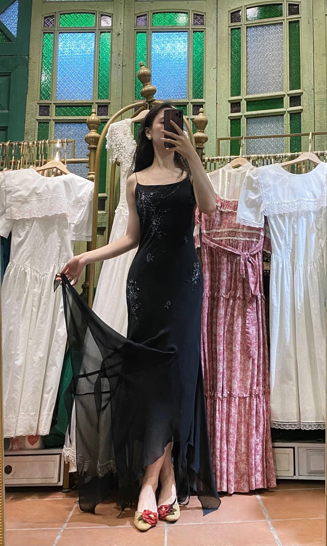 Elegant Black Irregular Strap Beaded Chiffon Long Prom Dress Evening Dress
