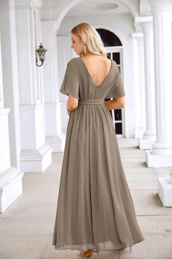 Ladies Chiffon Sleeve Crew Neck Front Slit Floor Length Bridesmaid Evening Dress Wedding Party Evening Dress 28124 (ZD17007)