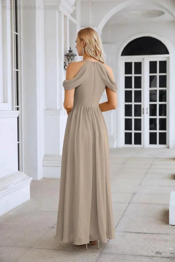 Ladies Chiffon Off Shoulder Swing Sleeve Front Slit Bridesmaid Evening Dress Wedding Party Evening Dress 28117 (ZD17011)