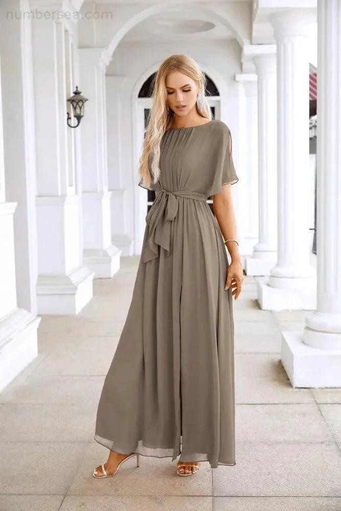 Ladies Chiffon Sleeve Crew Neck Front Slit Floor Length Bridesmaid Evening Dress Wedding Party Evening Dress 28124 (ZD17007)
