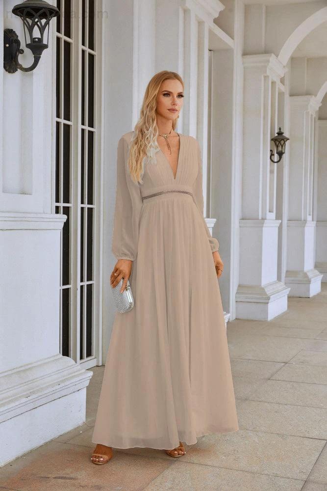 Ladies V Neck Chiffon Long Sleeve Front Slit Bridesmaid Evening Dress Wedding Party Shopping Evening Dress 28109 (ZD16991)