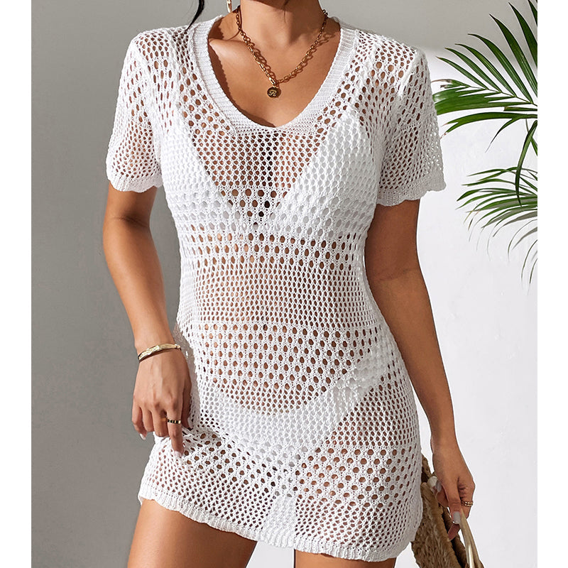 Women Clothes Sexy Cutout Short Sleeve Casual Bikini Cover Up Swimsuit Blouse Beach Sun Protection Shirt Crochet hook