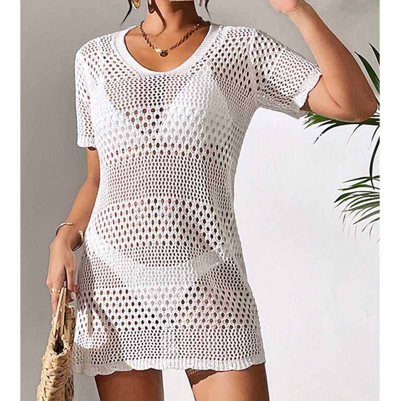 Women Clothes Sexy Cutout Short Sleeve Casual Bikini Cover Up Swimsuit Blouse Beach Sun Protection Shirt Crochet hook