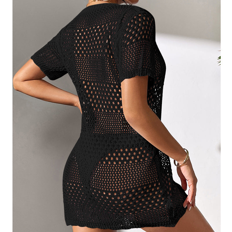 Women Clothes Sexy Cutout Short Sleeve Casual Bikini Cover Up Swimsuit Blouse Beach Sun Protection Shirt Crochet hook