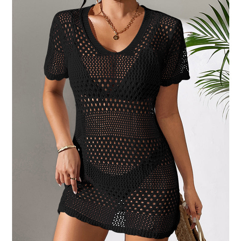 Women Clothes Sexy Cutout Short Sleeve Casual Bikini Cover Up Swimsuit Blouse Beach Sun Protection Shirt Crochet hook