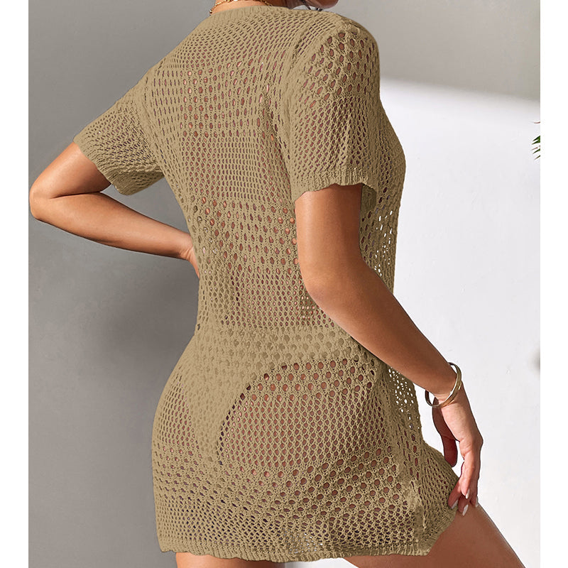 Women Clothes Sexy Cutout Short Sleeve Casual Bikini Cover Up Swimsuit Blouse Beach Sun Protection Shirt Crochet hook