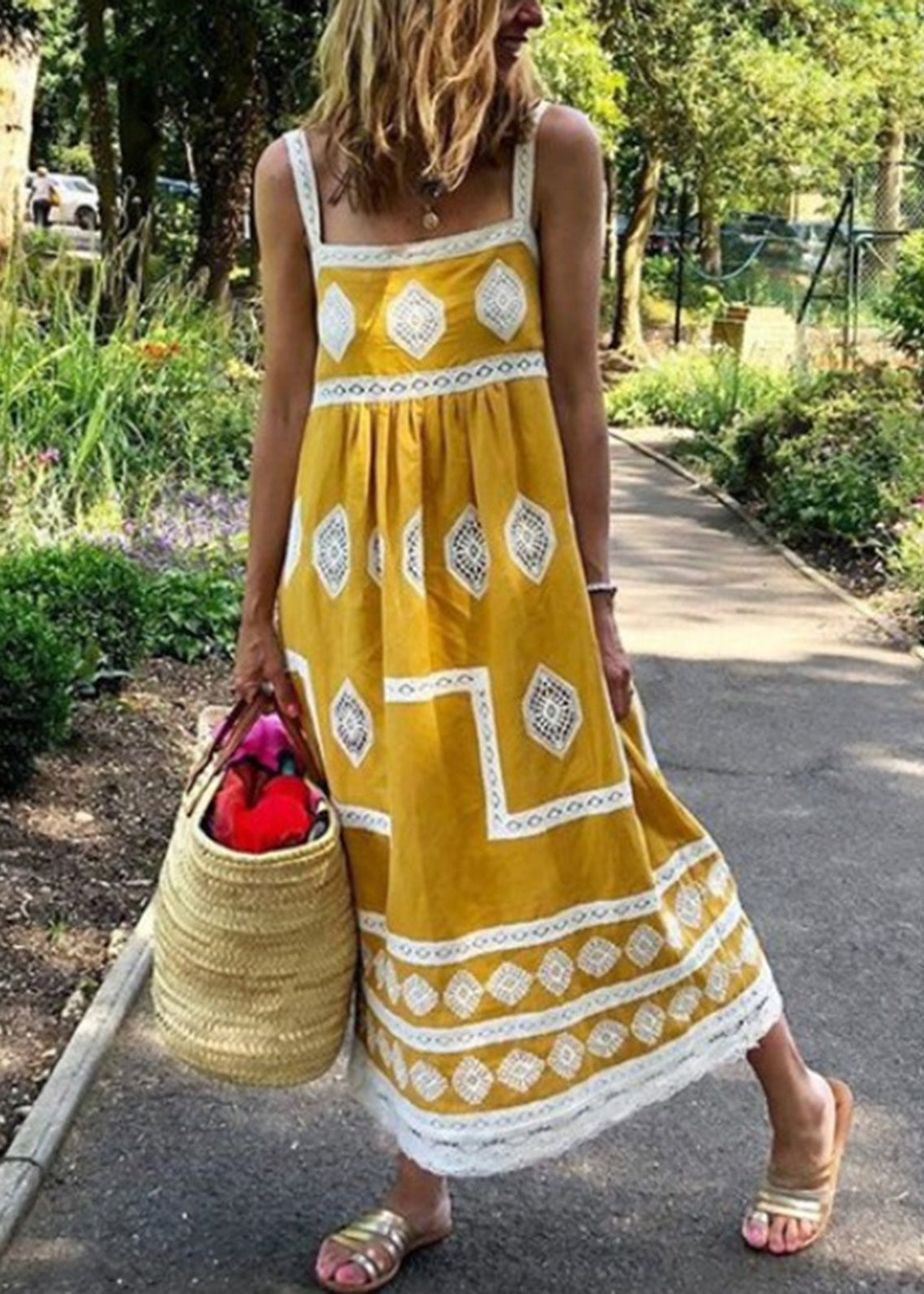 Yellow Square Neck Boho Print Tank Maxi Dress