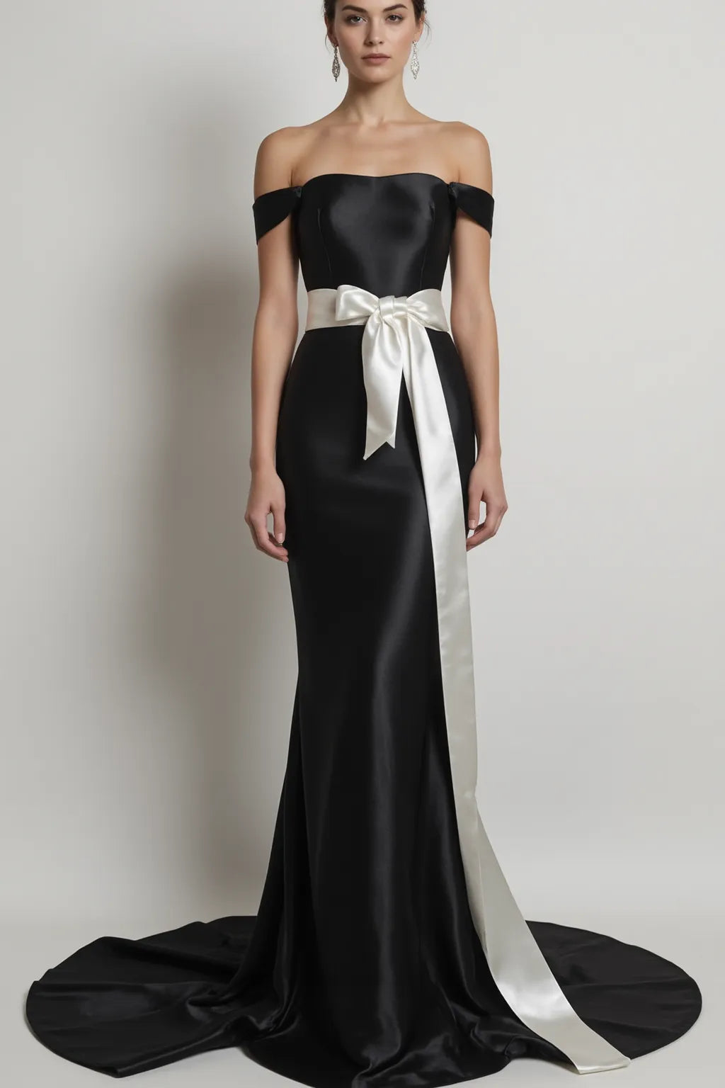 Elegant Evening Dress Satin Off Shoulder Mermaid White Belt Gown - VelvetHem