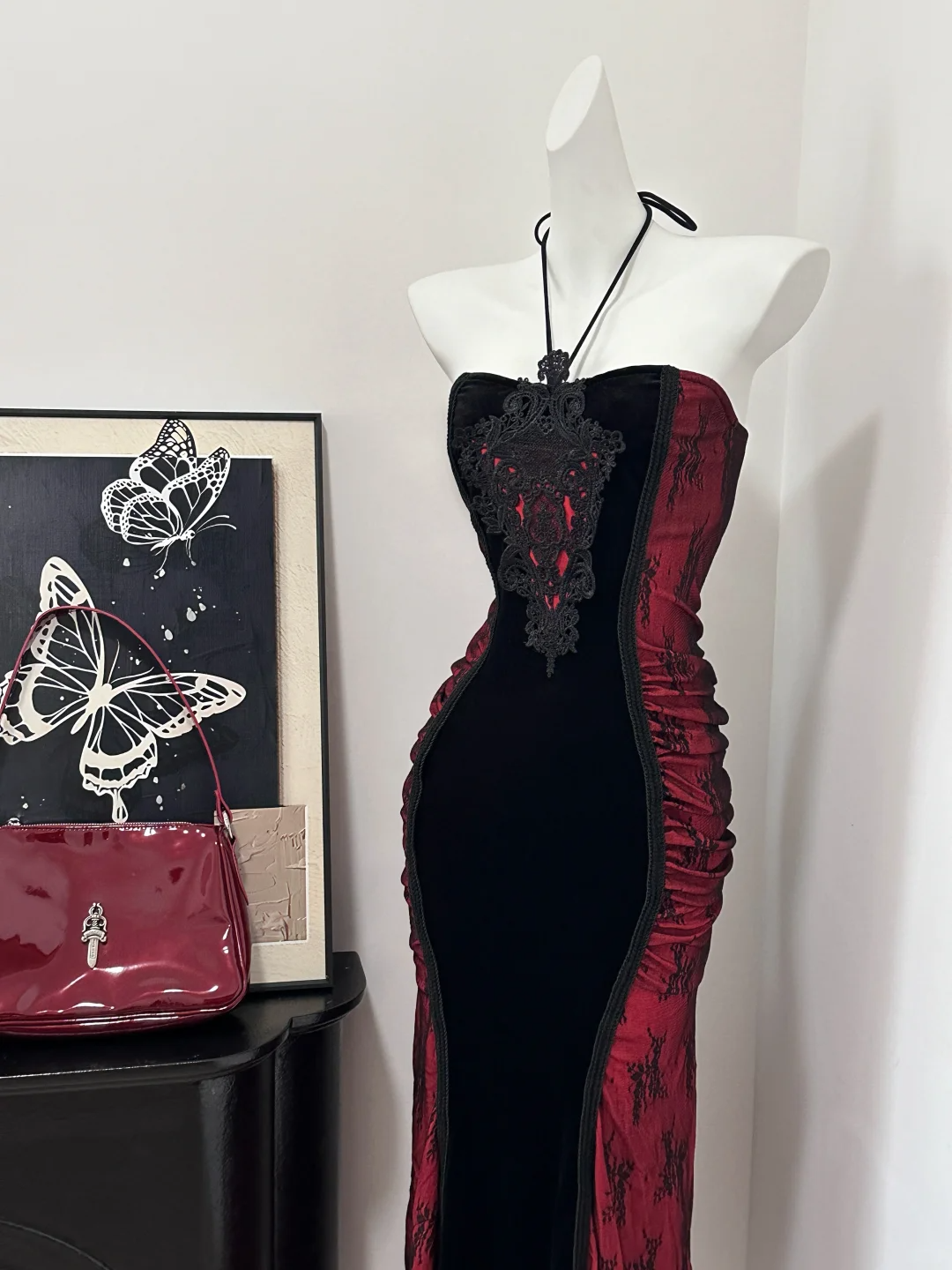 Sexy Halter Burgundy Sheath Long Birthday Party Dress Formal Prom Dress - View 2 | FashionDia