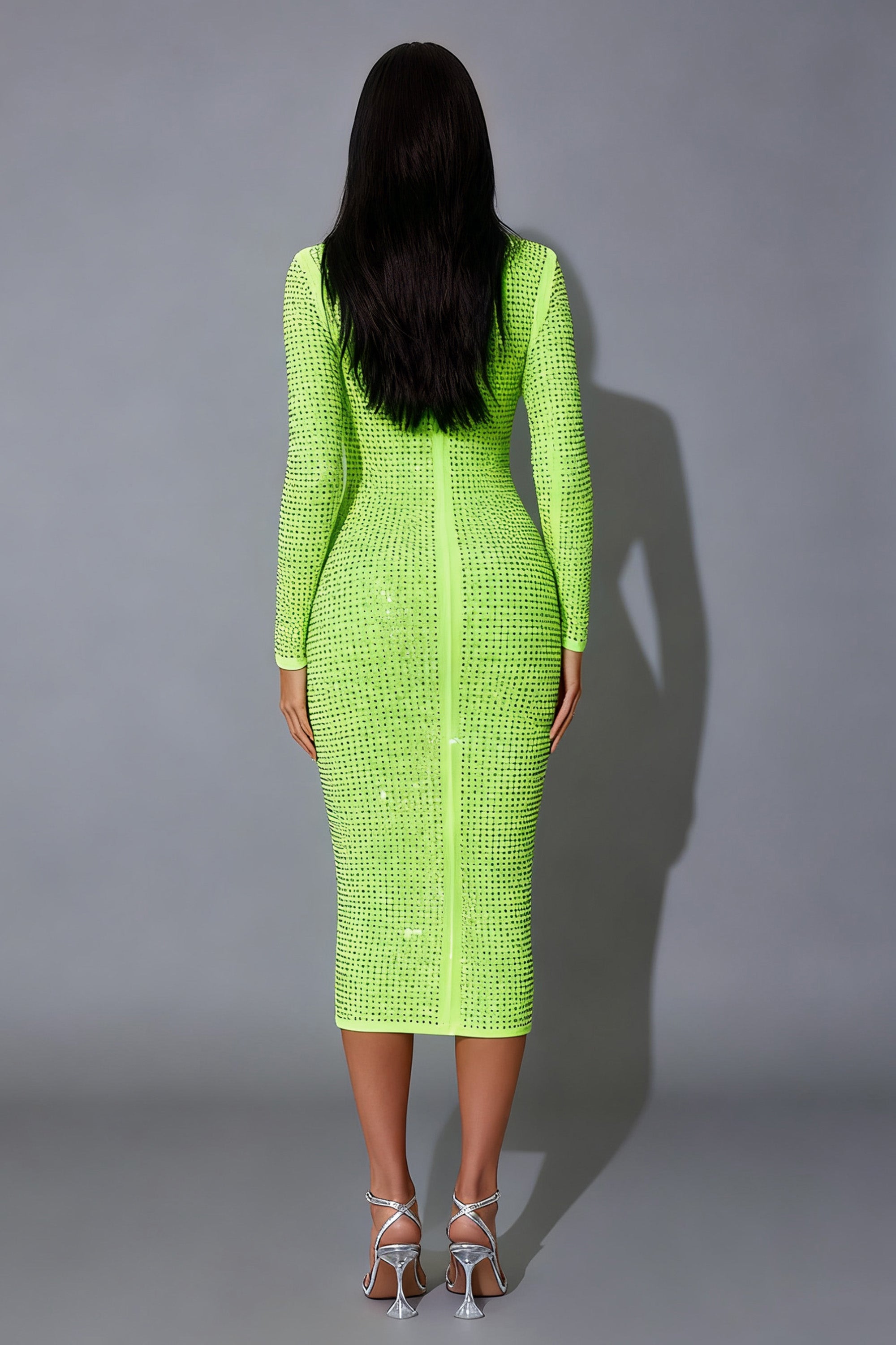 Long Sleeve Rhinestone Midi Bodycon Dress with Crew Neckline