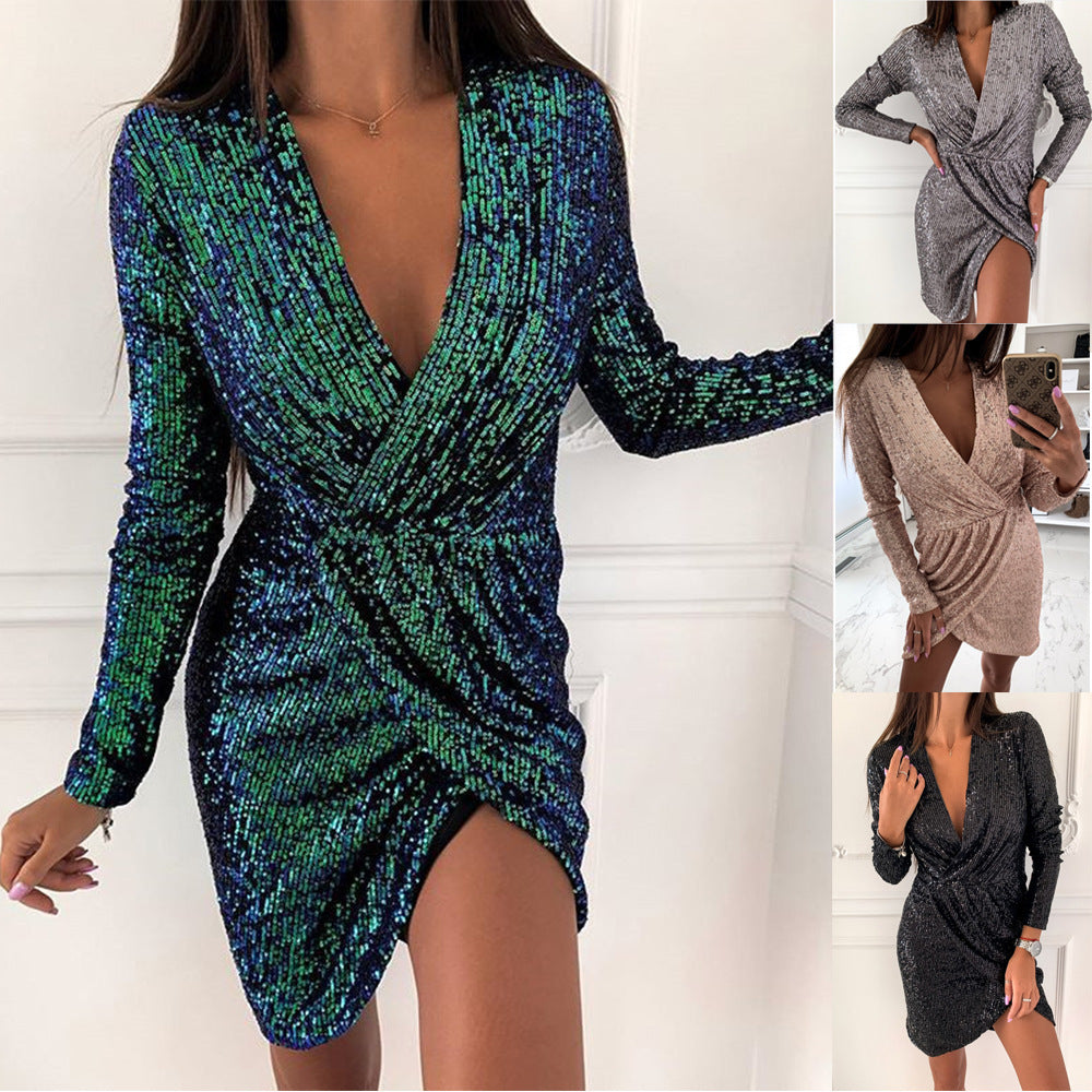 Beaded Dress Long Sleeve V neck Mini Dress