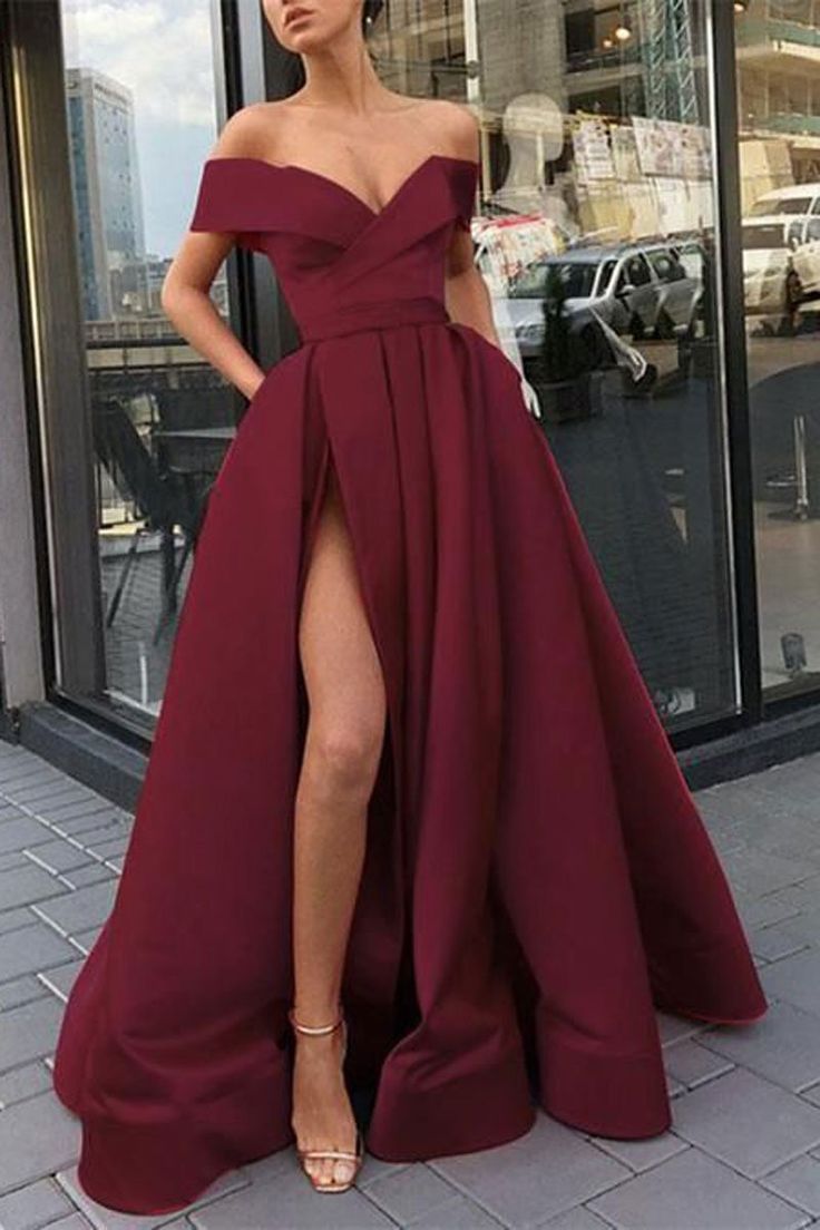 Burgundy V-Neck satin Off-the-Shoulder long prom dress burgundy evening dress - FashionDia