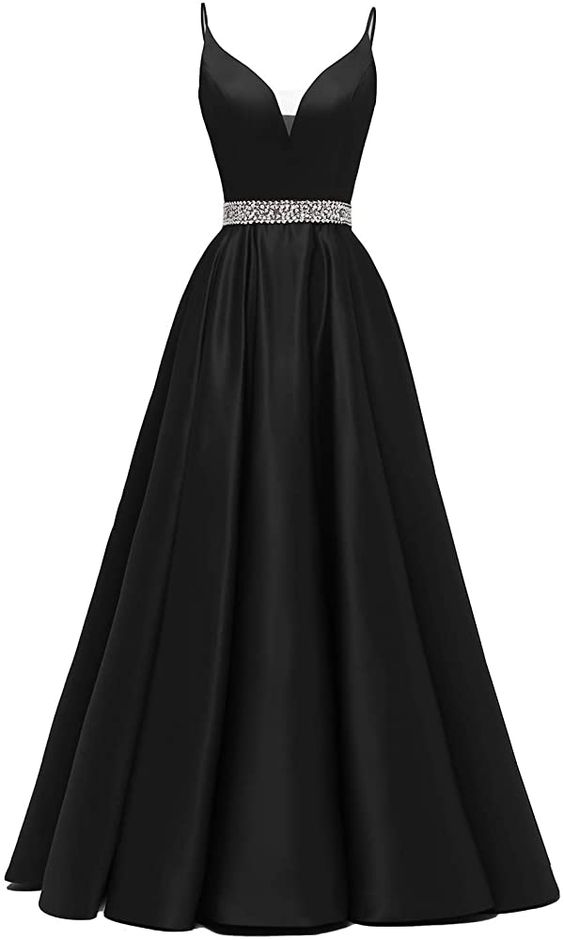 Glitter Spaghetti Straps Prom Dress Long Beaded Satin V-Neck Formal Evening Gowns