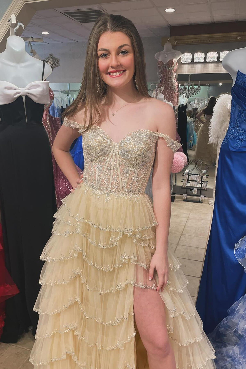 Elegant A Line Off the Shoulder Corset Light Champagne Corset Prom Dress with Lace Ruffles - View 2 | FashionDia