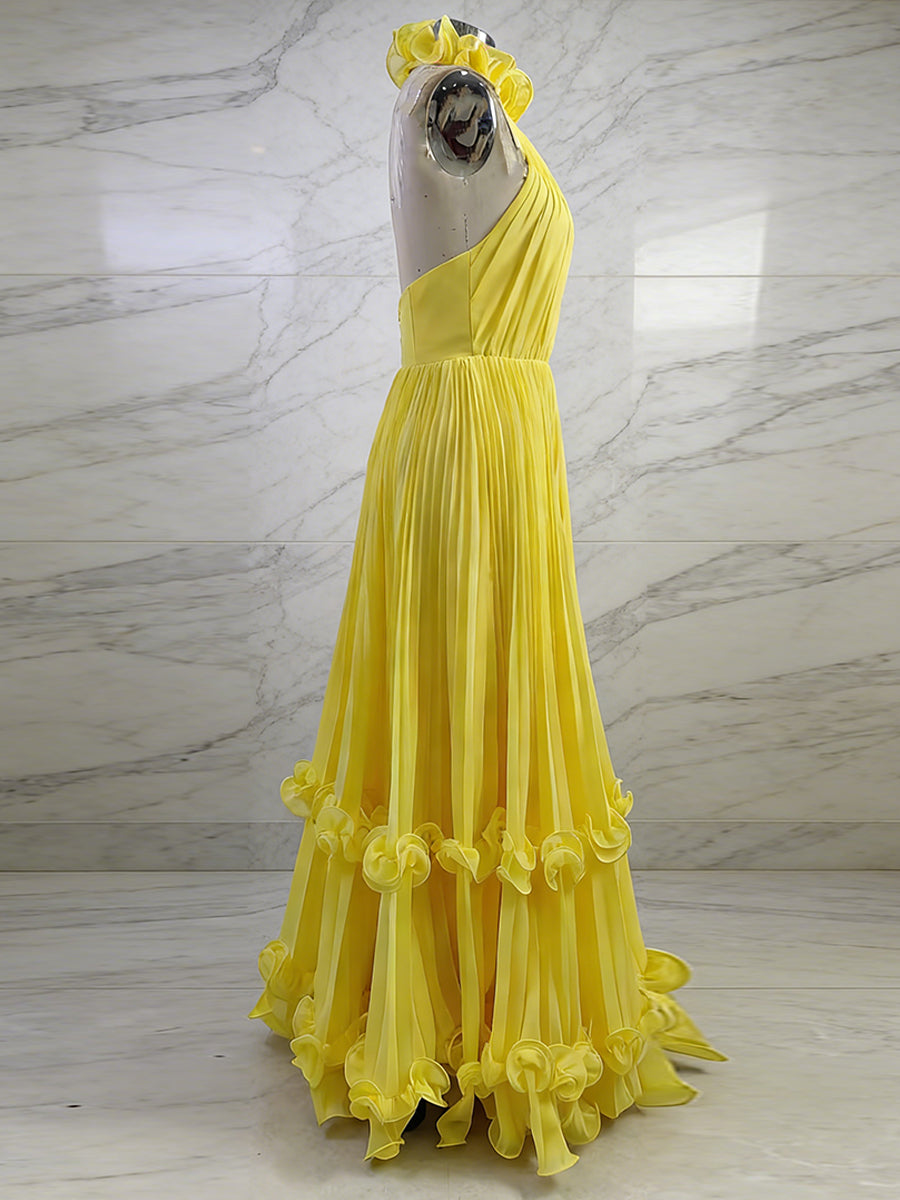 Yellow Pleated Halter Ruffle Long Prom Dress