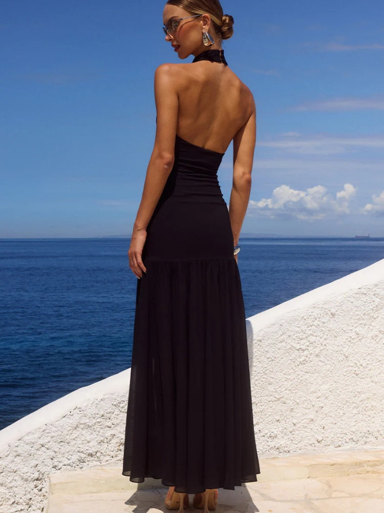 Tulle Hanging Neck Panel Evening Gown
