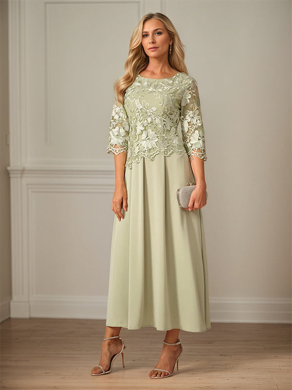 Crew Neck A Line Ruffle Ruched Lace Maxi Dress Mother Of The Bride Dress