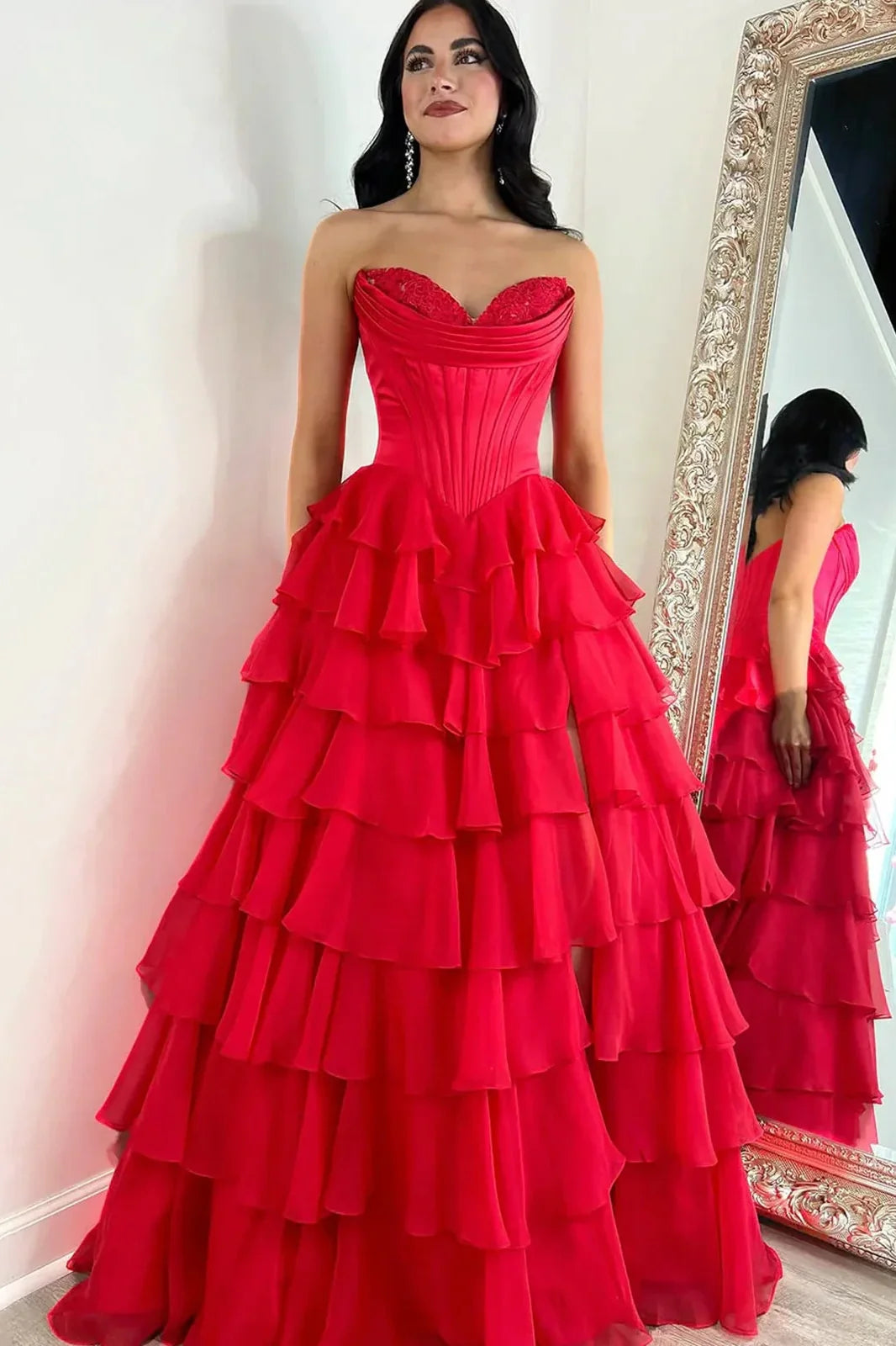 Lovely Yellow A-Line Sweetheart Long Tiered Prom Dress with Slit - View 14 | FashionDia