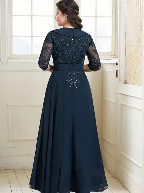 A-line Collared V-Neck Floor-Length Lace Chiffon Mother of the Bride Dress With Sequins Cascading Ruffles - View 12 | FashionDia