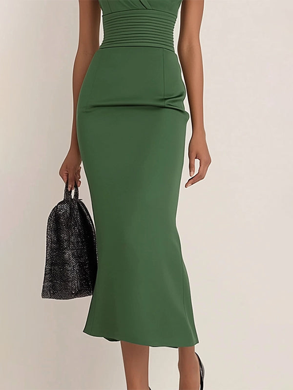 Work Semi-Formal Dress Green Sleeveless Ruffle Fitted Midi Dress - View 3 | FashionDia