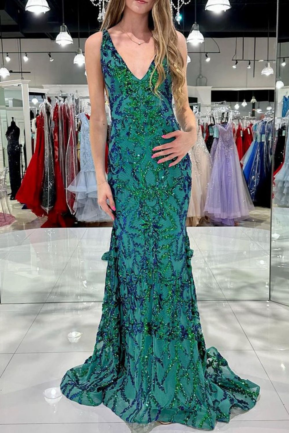 Sparkly Mermaid V-Neck Green Sequins Long Prom Dress - FashionDia