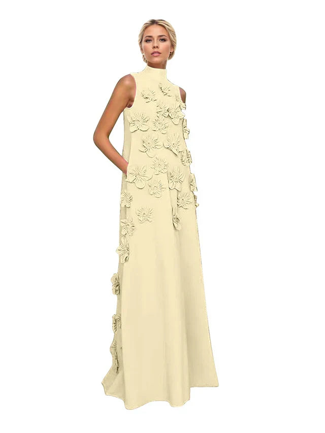 A Line High Neck Sleeveless Floor Length Stretch Crepe Dress With 3D Flowers