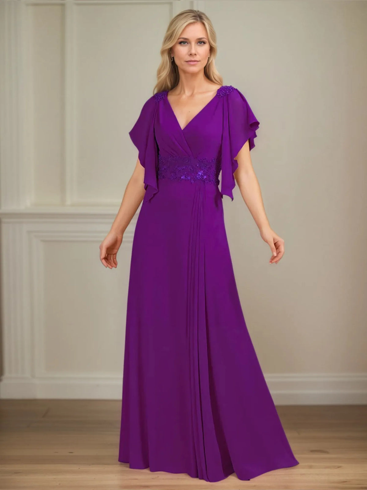 A-Line V-Neck Appliqued Floor-Length Mother of the Bride Dress with Ruffles - View 9 | FashionDia