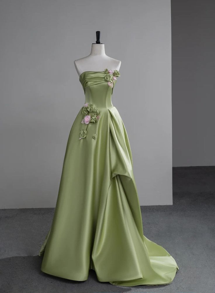 Elegant Green Satin Party Dress With Flowers, Green Long Prom Dress - FashionDia