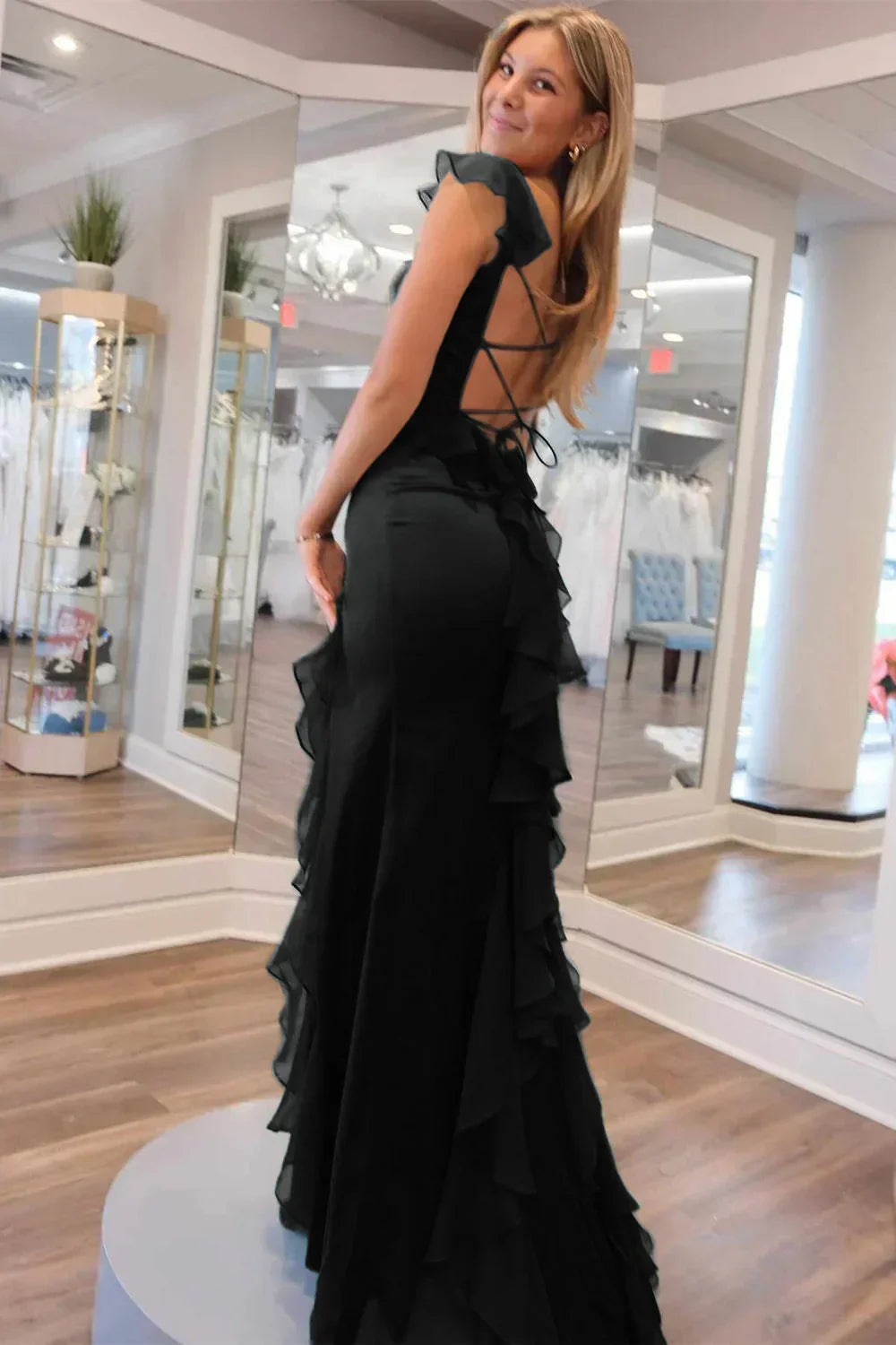 Charming Mermaid Square Neck Green Long Prom Dress with Ruffles